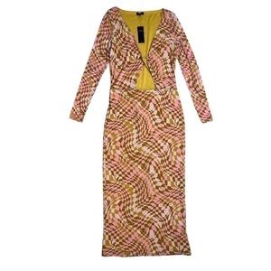 AFRM Geo Print Center Cut Out Long Sleeve MIDI Dress Small Checker Plunge barbie